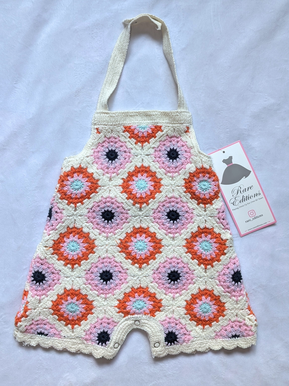 NWT Rare Editions Crochet Granny Square Halter Romper 3-6M